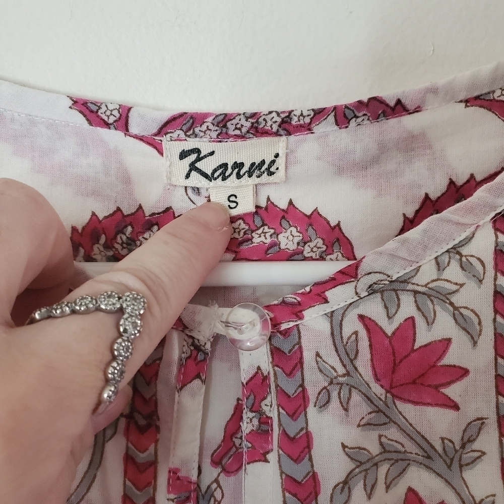 Karni Floral BoHo Cottagecore Maxi Dress Size Small White Pink Pockets - Picture 4 of 10